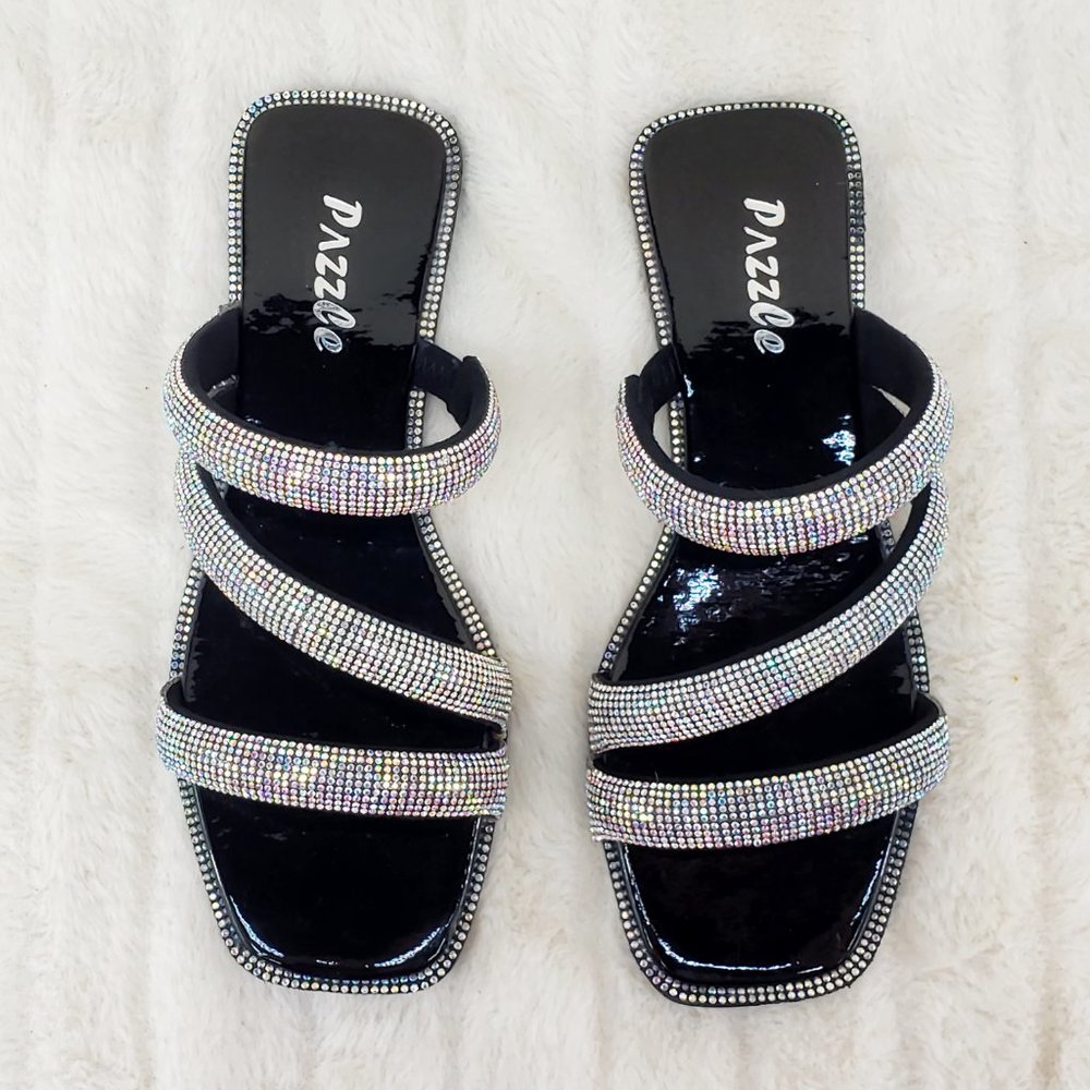 Padded Triple Strap Slip On Sparkly Rhinestone Square Open Toe Sandals_8
